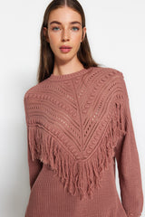 Dusty Rose Openwork And Tassel Detailed Tiko Thessaloniki Knit Sweater Tctaw24ak00150