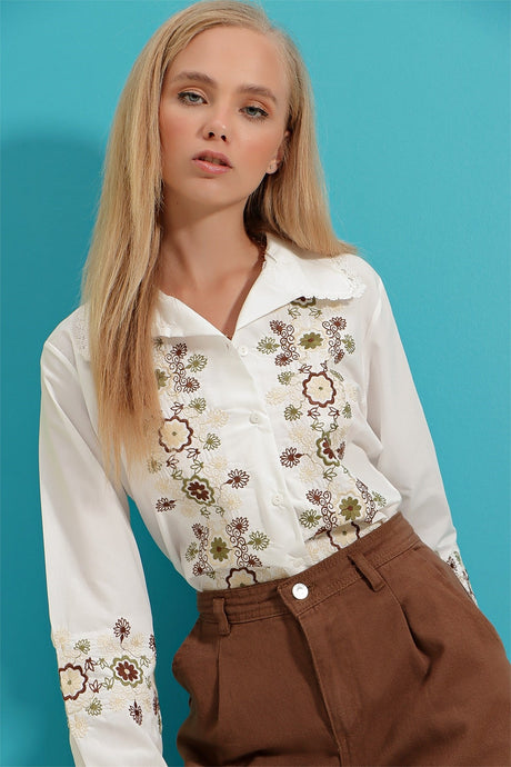 Women's White Floral Pattern Embroidery Embroidered Guipure Detailed Poplin Woven Shirt Alc-x9102