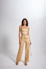 High Waist Cargo Pocket Satin Maddy Pants Beige Hlmaddypants