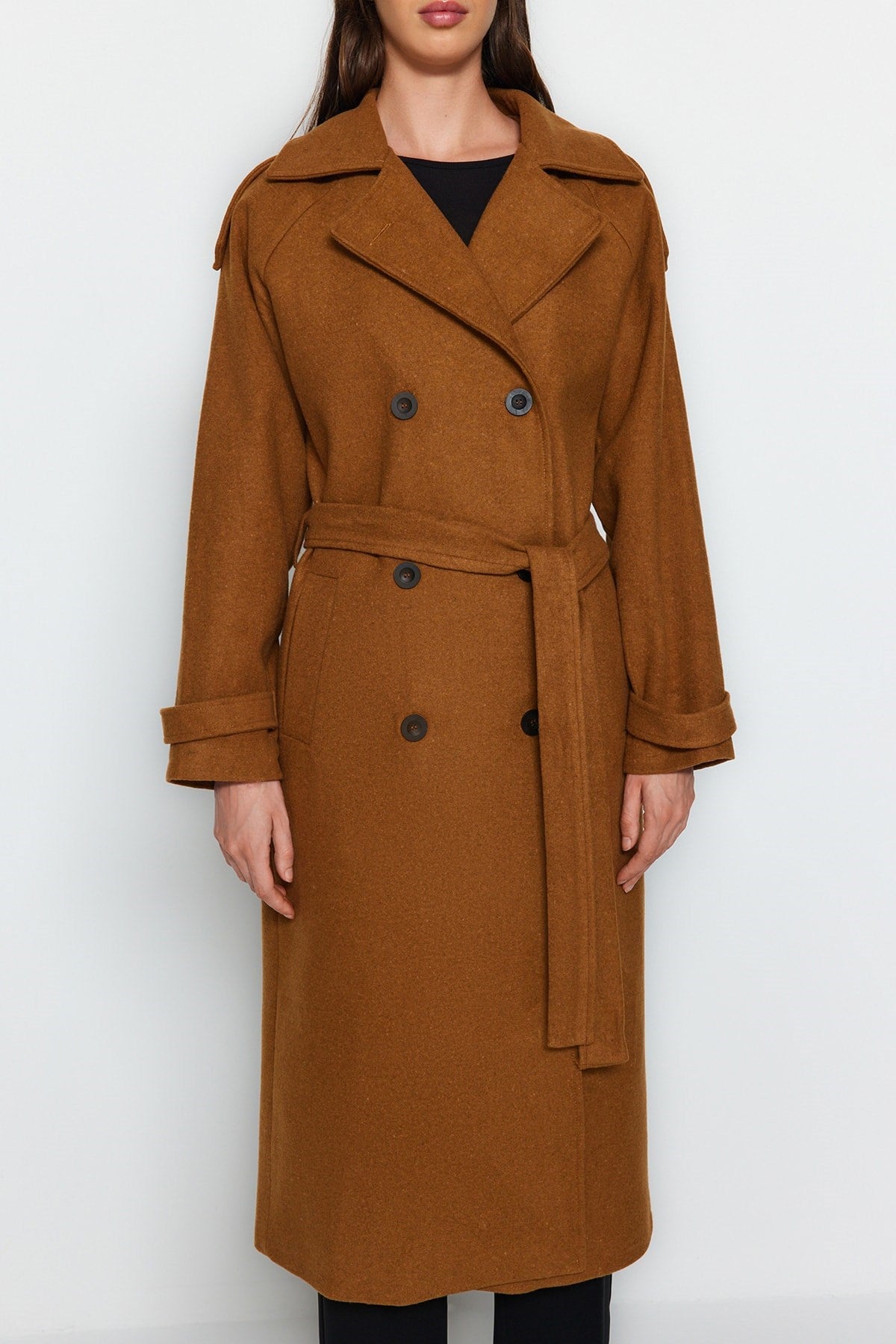 Camel Belted Lined Long Cashmere Coat Tctaw24ab00003