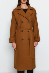 Camel Belted Lined Long Cashmere Coat Tctaw24ab00003