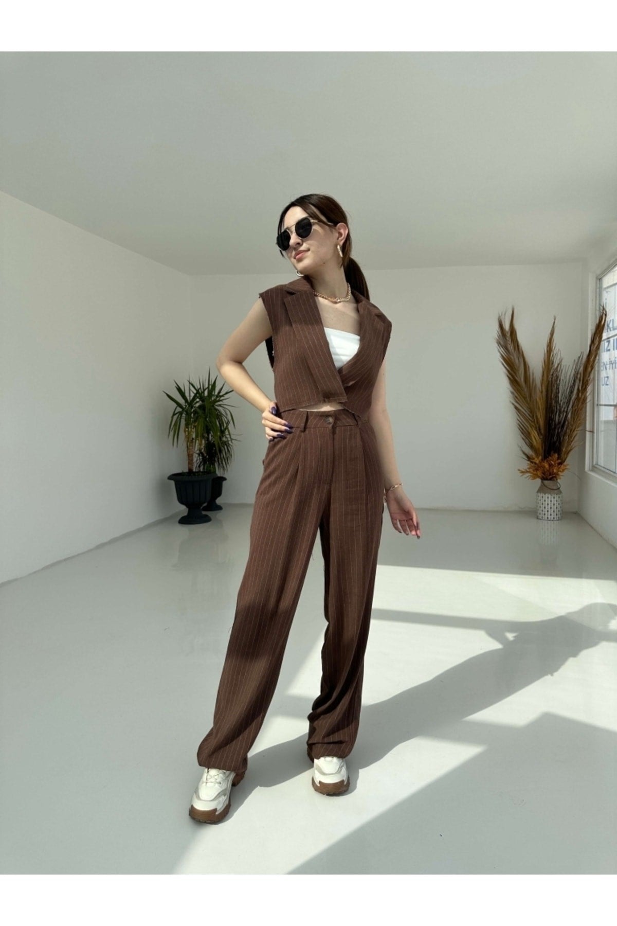 Coffee Striped Linen Vest Pants Suit 50842