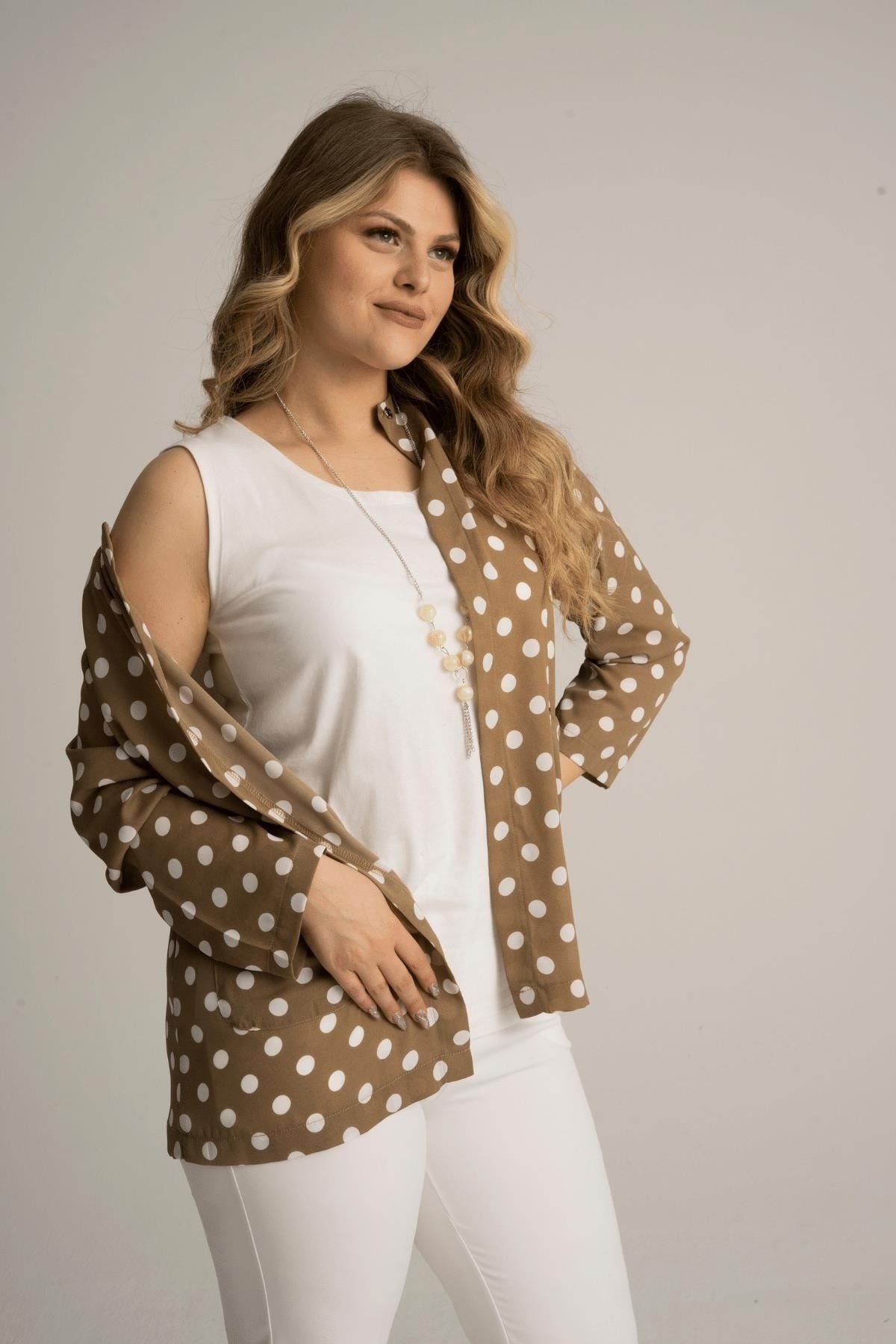 Plus Size Polka Dot Print Jacket And Blouse Duo Set 230650012