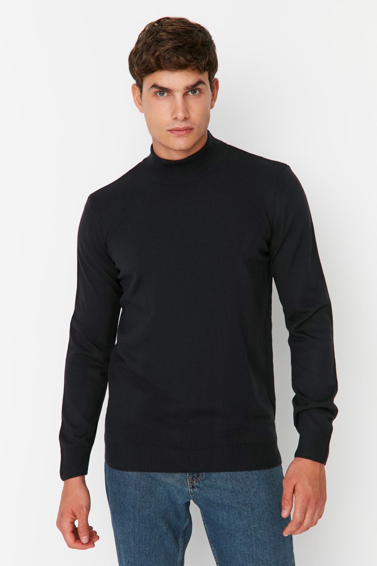 Navy Blue Men's Slim Fit Half Turtleneck Basic Knitwear Sweater Tmnaw23kz00274