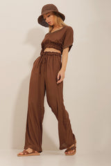 Women's Light Beige Collar Striped Crop Top And Palazzo Pants Suit Alc-x10652