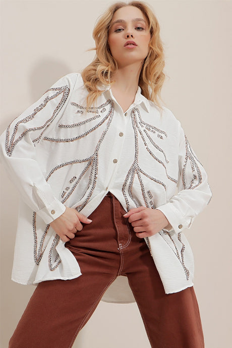 Women's White Shirt Collar Buttoned Beads Embroidered Oversize Shirt Alc-x9627