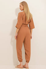 Women's Taba Double-breasted Collar Waist Belted Linen Jumpsuit Alc-x10443