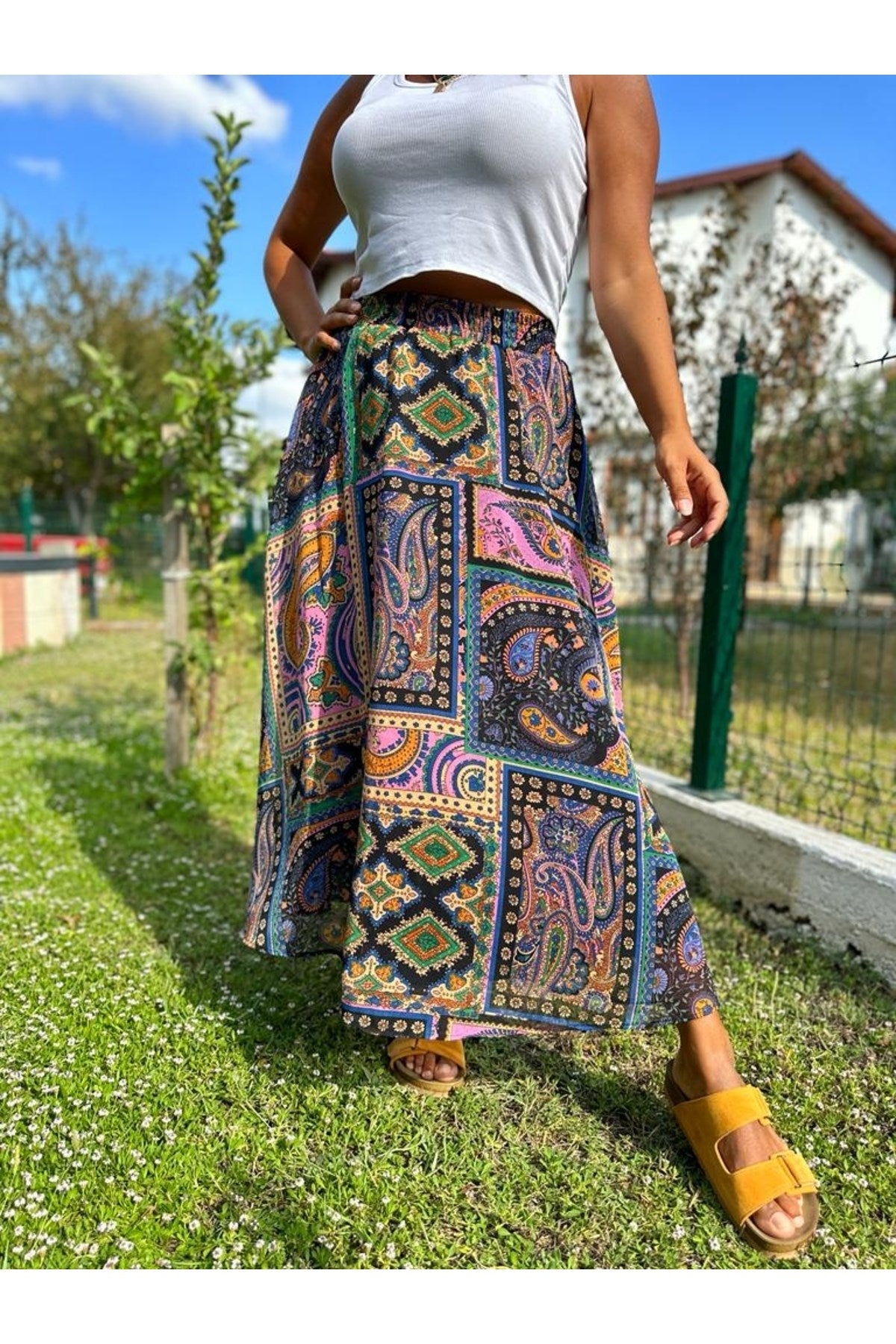 Ethnic Pattern Flared Skirt With Elastic Waist 1207