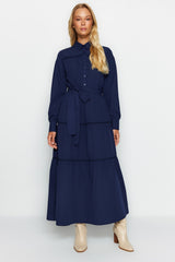 Navy Blue Belted Stripe Guipure Detailed Half Pat Cotton Woven Dress Tctss23eb00076