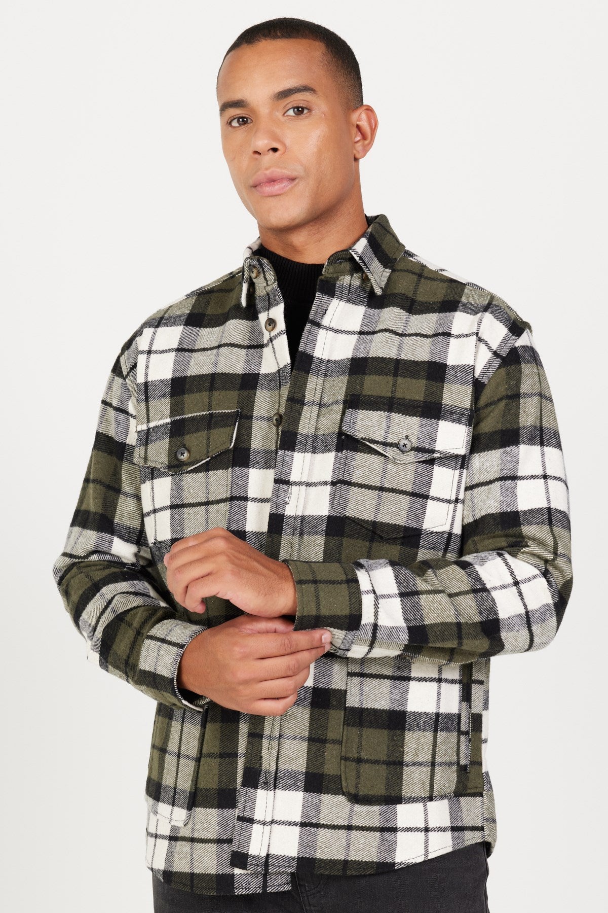 Men's Khaki-ecru Oversize Loose Cut Buttoned Collar Plaid Pattern Lumberjack Winter Shirt Jacket 4a2