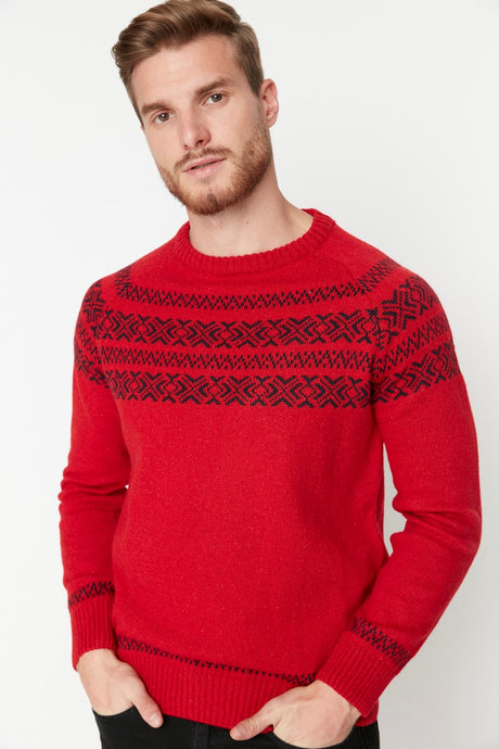 Red Mens Slim Fit Crew Neck Jacquard Knitwear Sweater Tmnaw23kz00012