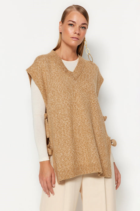 Beige Side Drawstring Detailed Knitwear Sweater Tctaw24uv00023