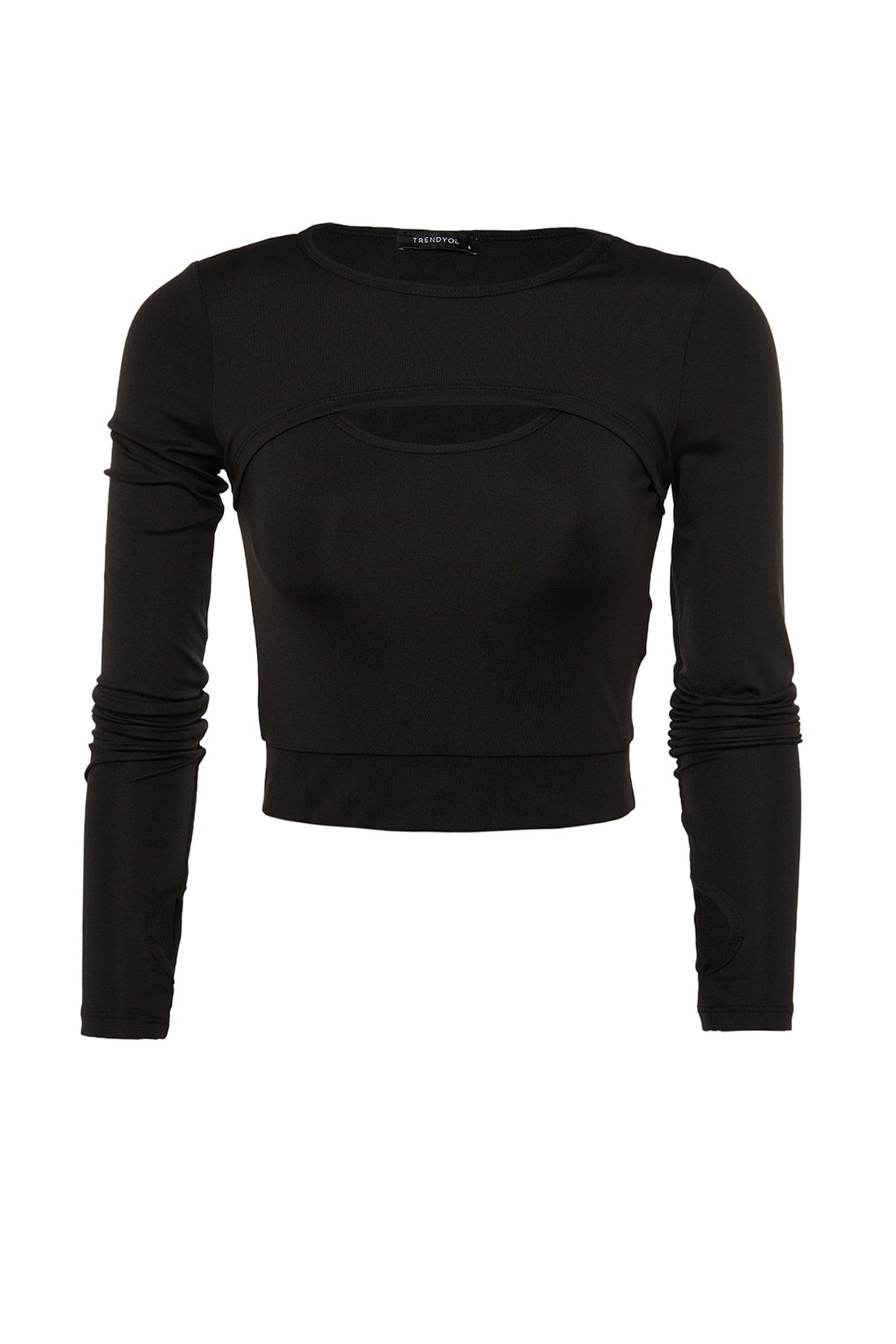 Black Crop Window/cut Out And Thumb Hole Detailed Crew Neck Sports Blouse Twoaw22bz0481