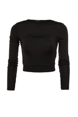 Black Crop Window/cut Out And Thumb Hole Detailed Crew Neck Sports Blouse Twoaw22bz0481