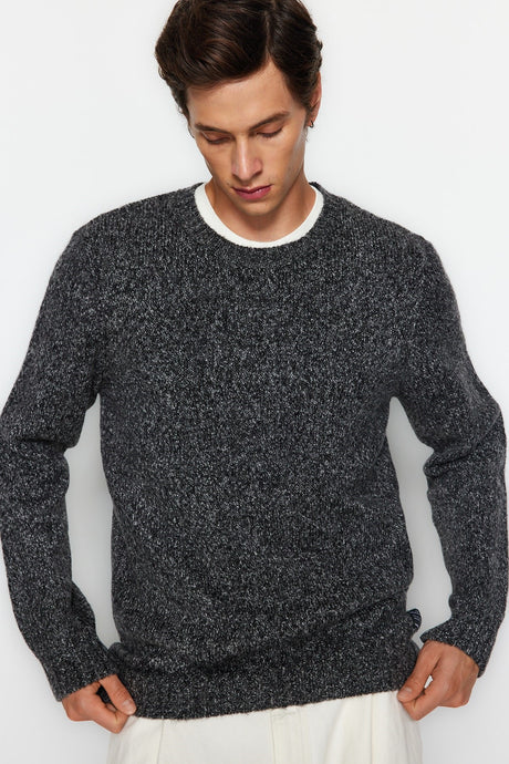 Anthracite Unisex Regular Fit Crew Neck Tag Detailed Soft Knitwear Sweater Tmnaw24kz00050