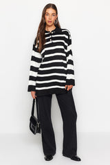 Black White Polo Neck Striped Knitwear Sweater Tctaw24ak00045