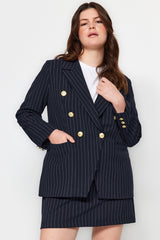 Navy Blue Striped Button Detailed Woven Jacket Tbbaw24ag00027