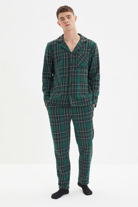 Green Men's Regular Fit Plaid Woven Sleepwear Set Tmnaw22pt1080