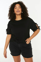 Black Knitted Sleeve Detailed T-shirt Tbbss22ts2291