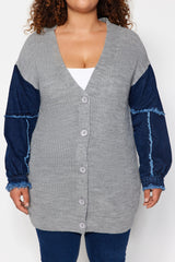 Grey Melange Sleeves Denim Detailed Knitwear Cardigan Tbbaw24av00031