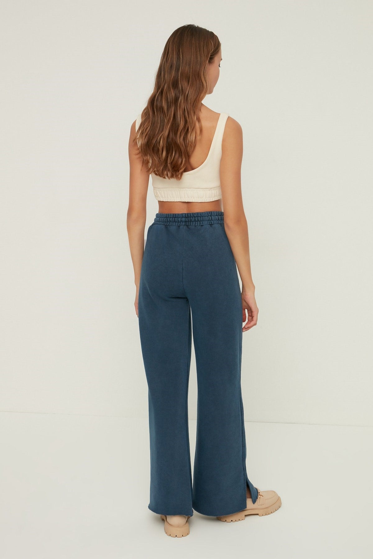 Indigo Aging/pale Effect Wide Leg/wide Leg Regular Waist Thin Knitted Tracksuit Bottoms Twoaw22ea042