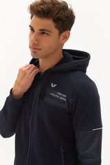 Men's Navy Blue Hooded Zipper Pocket Casual Sports Tracksuit Top 0371 Tb22ml06w0371-1