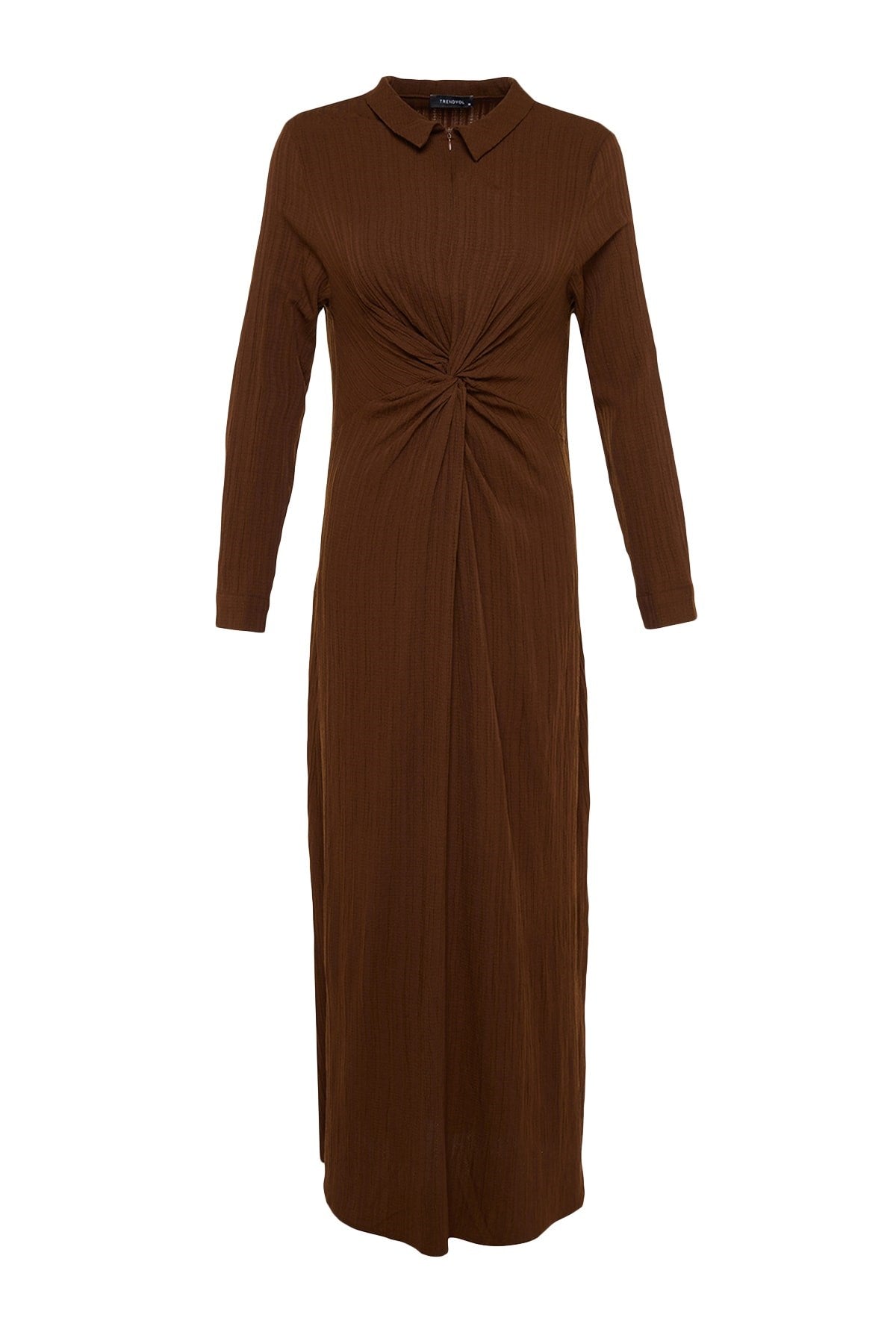 Brown Front Knot And Zipper Detailed Woven Dress Tctss23eb00137