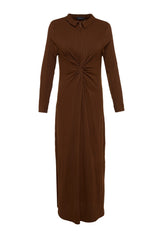 Brown Front Knot And Zipper Detailed Woven Dress Tctss23eb00137