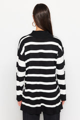 Black White Polo Neck Striped Knitwear Sweater Tctaw24ak00045