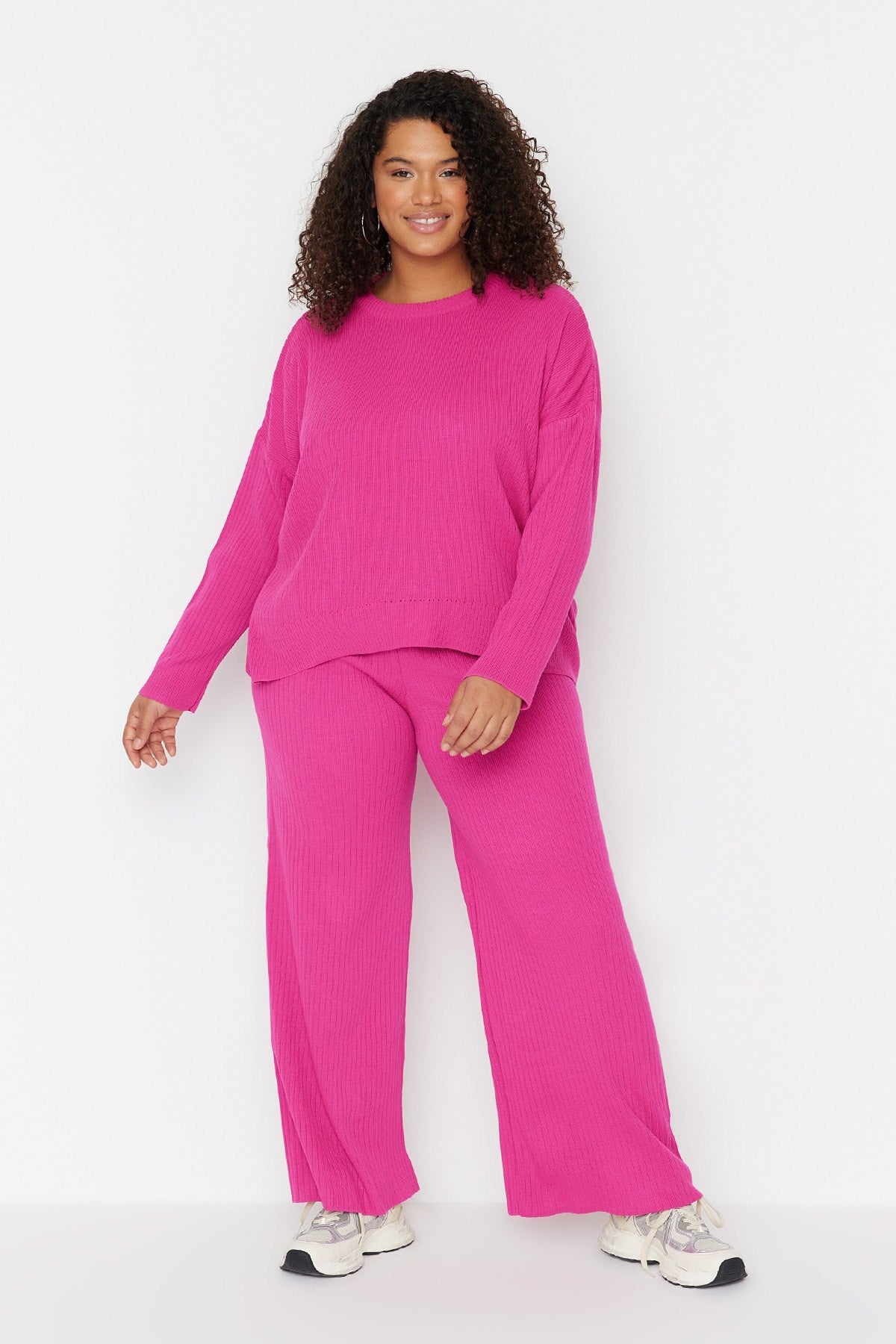 Fuchsia Ribbed Crew Neck Knitwear Sweater Pants Suit Tbbaw23cp00044