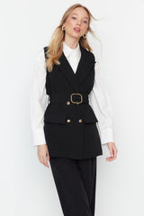 Black Waist Belted Jacket Collar Woven Vest Tctaw23yl00014