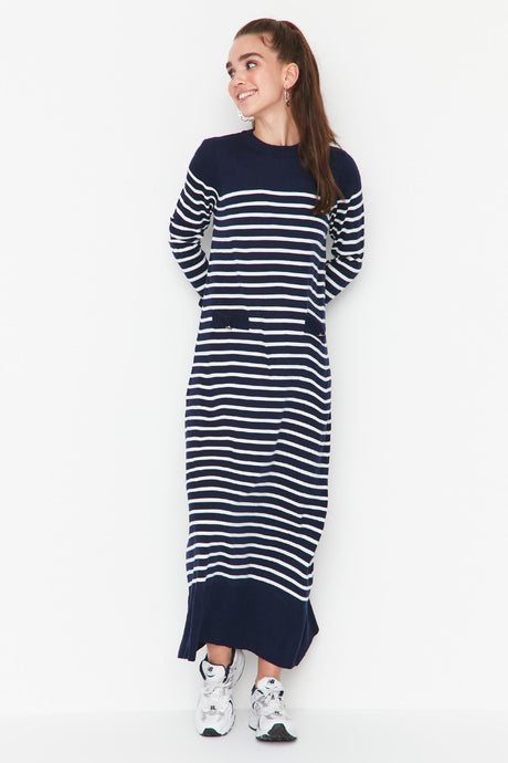 Navy Blue Striped Blouse Collar Knitwear Dress Tctaw23eb00012