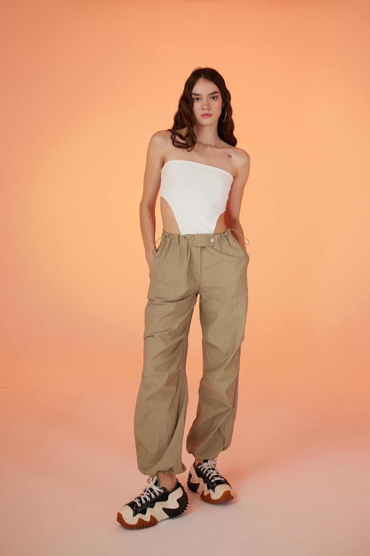 Parachute Pants With Adjustable Waist And Leg Elastic Beige Halparasutpants