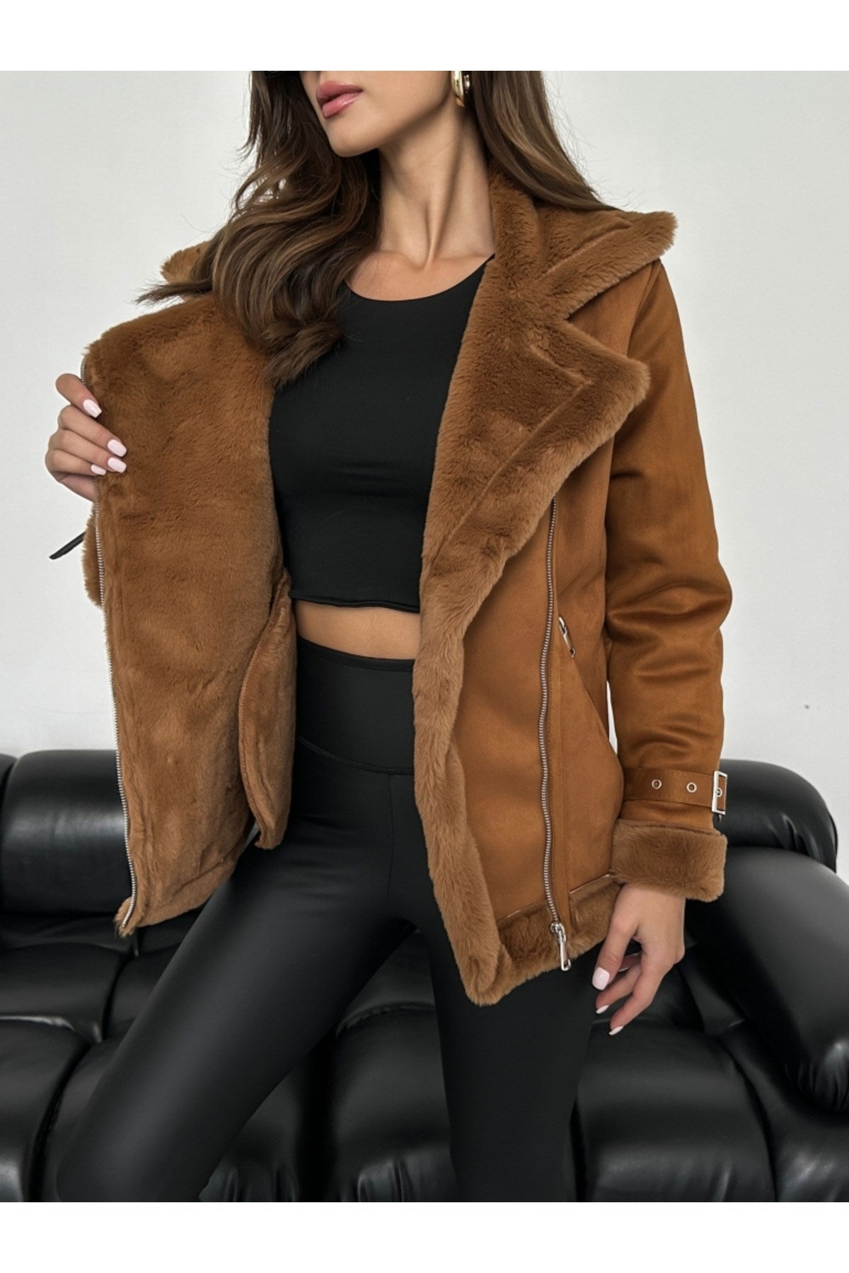 Tan Belt Detailed Fur Coat Tycst5qnqn169736070373096