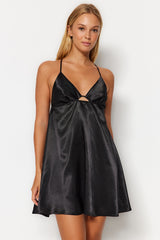 Black Satin Back Detailed V Neck Woven Nightgown Thmaw24gc00003