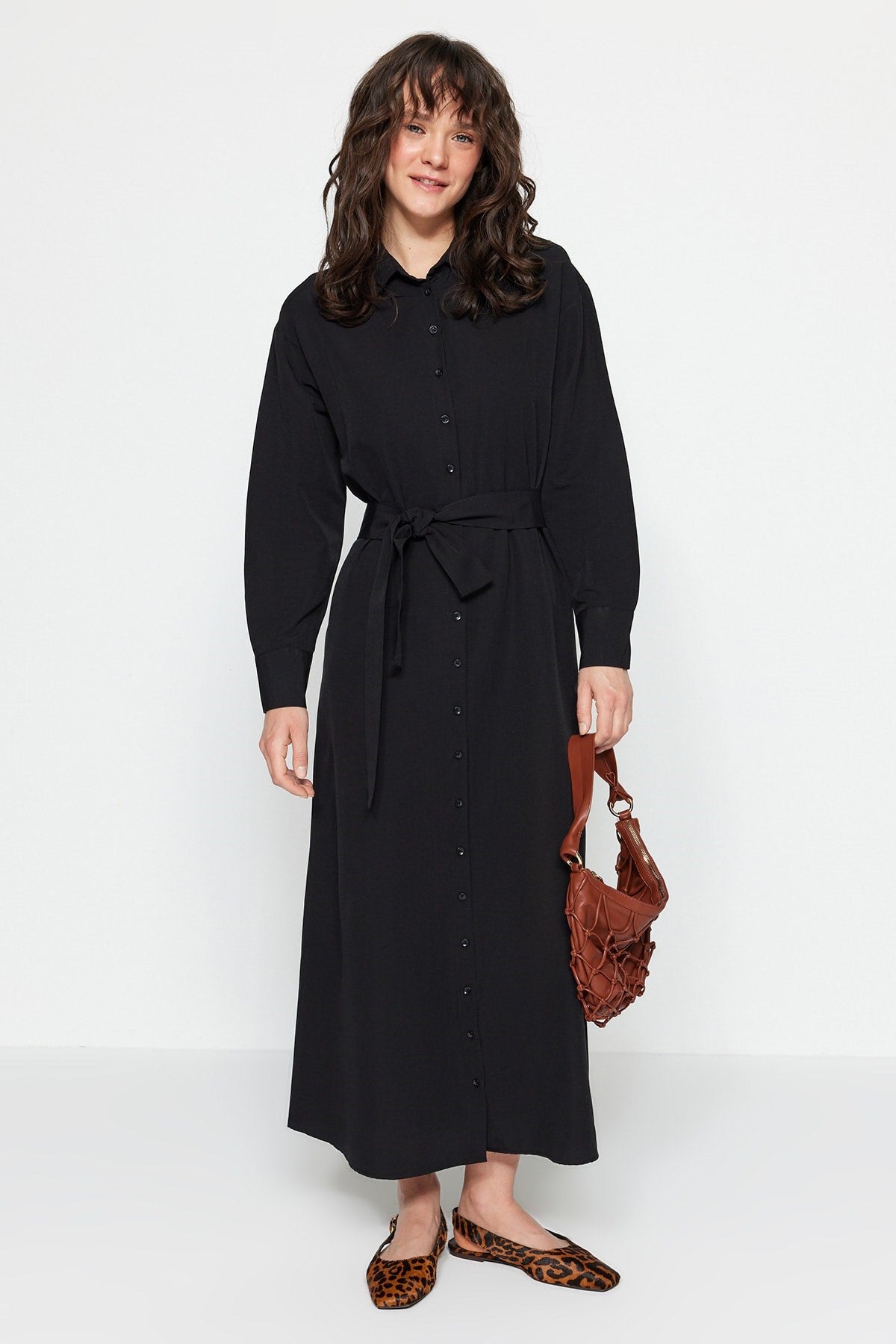 Black Belted Sleeves Cuffed Cotton Woven Shirt Dress Tctss23eb00072