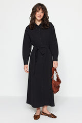 Black Belted Sleeves Cuffed Cotton Woven Shirt Dress Tctss23eb00072