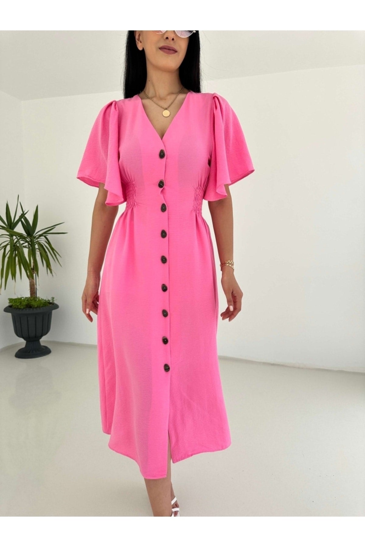 Pink Sleeves Ruffled Waist Elastic Dress 55781