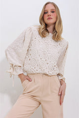 Women's Cream Ruffle Collar Guipure Detailed Princess Sleeve Woven Blouse Alc-x11400