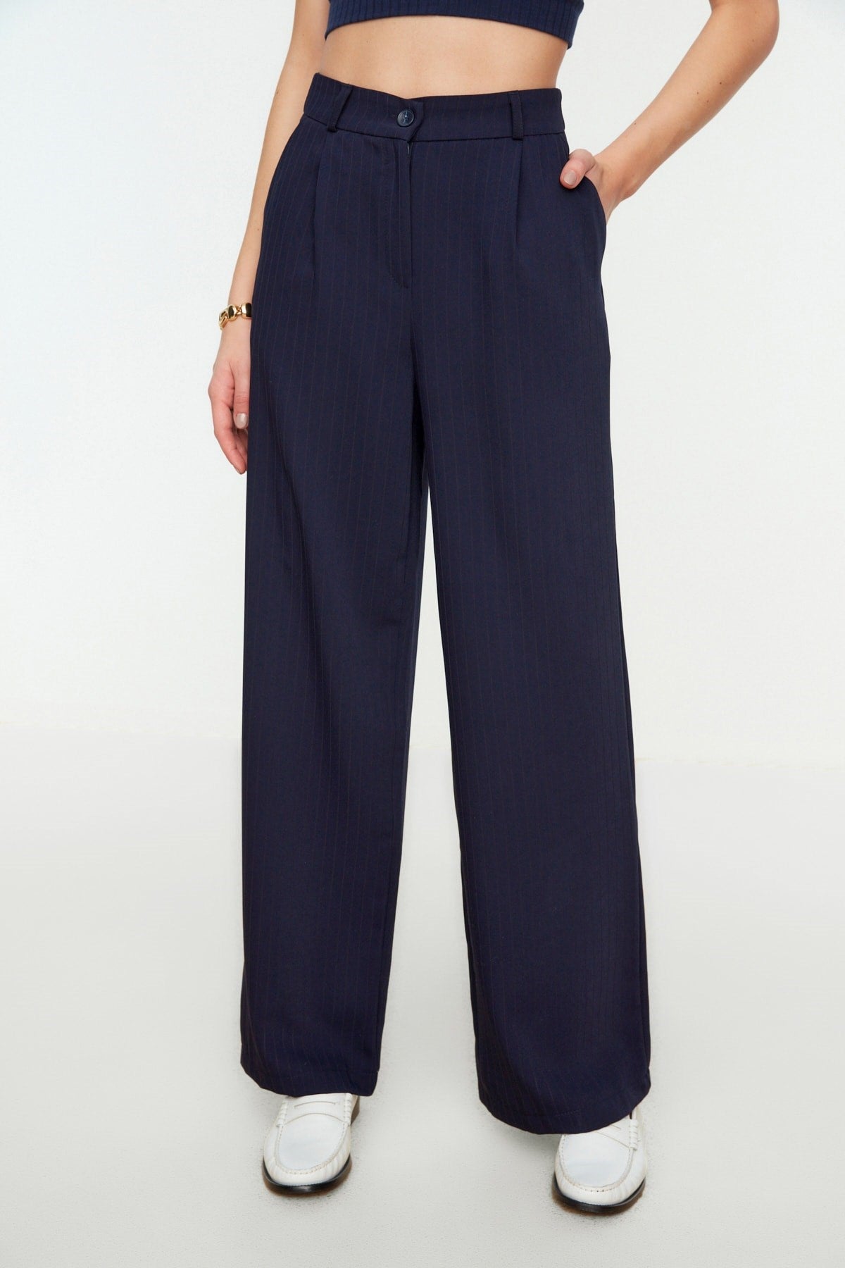 Navy Blue High Waist Wide Leg Wide Leg Striped Woven Pants Twoss22pl0100