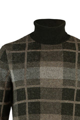 Khaki Men's Slim Fit Turtleneck Plaid Knitwear Sweater Tmnaw22kz0307