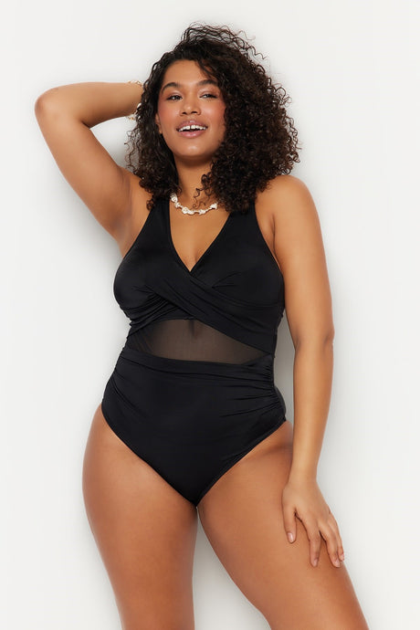 Black Mesh Detailed Swimsuit Tbbss23am00037