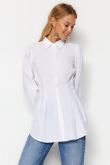 White Seated Pearl Detailed Woven Shirt Tctaw24tg00027