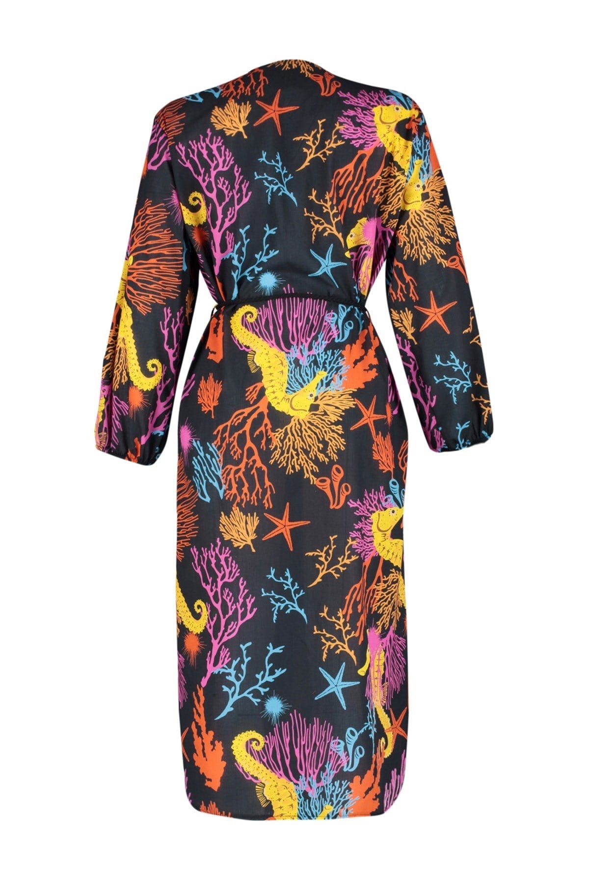 Underwater Pattern Belted Maxi Woven 100% Cotton Kimono&kaftan Tbess23km00063