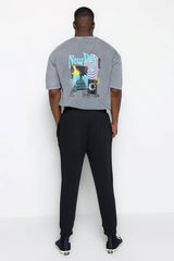 Black Men's Slim Fit Casual Rubber Leg Plus Size Basic Sweatpants Tmnss23aj00001