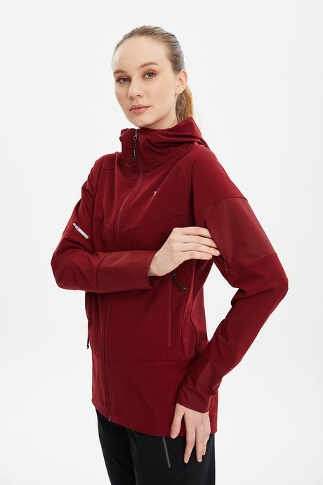 Women's Burgundy Hooded Woven Workout Solid Color Running Tracksuit Top Outdoor Sports Jacket 0724 T