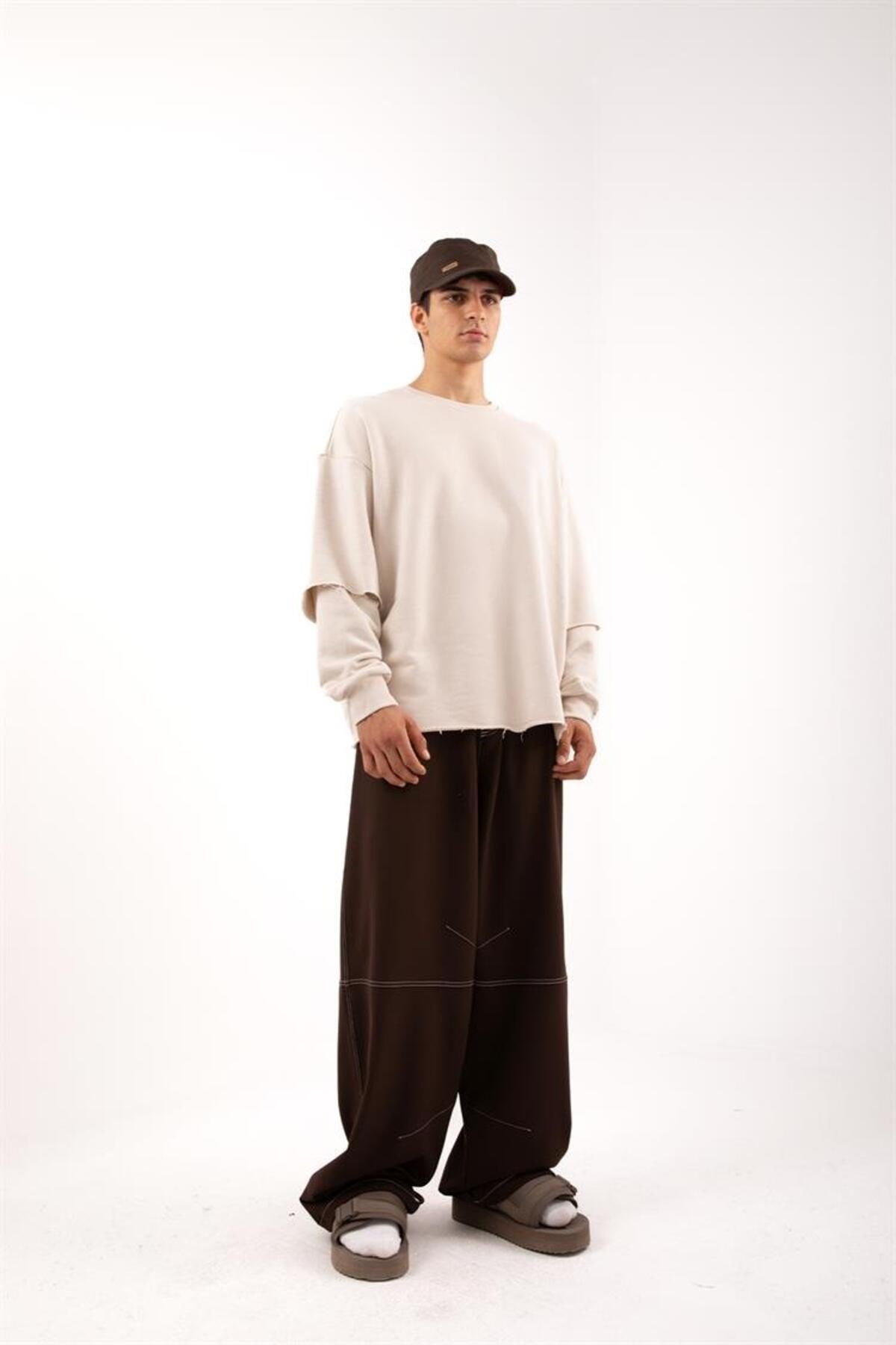 Effective Stitching Detailed Skater Fit Brown Fabric Pants Flaw-015-002-040