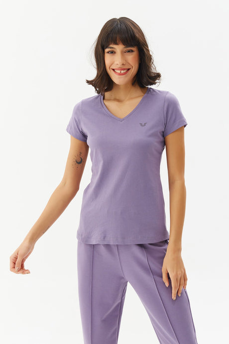 Women's Purple V Neck Basic 100% Cotton Casual And Sports Solid Color Short Sleeve T-shirt 8087 Tb20