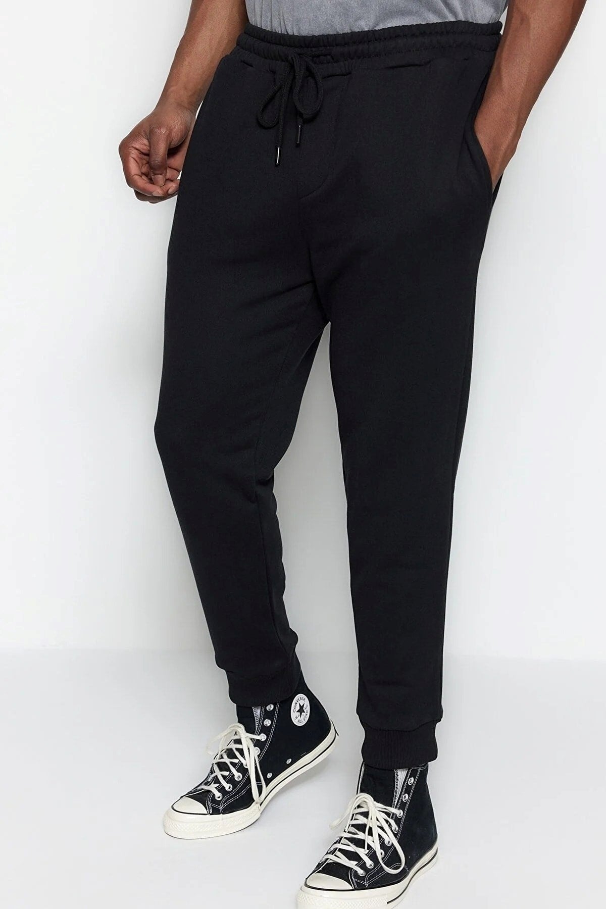 Black Men's Slim Fit Casual Rubber Leg Plus Size Basic Sweatpants Tmnss23aj00001