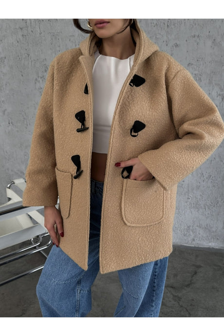 Camel Hooded Button Detailed Teddy Coat 20082